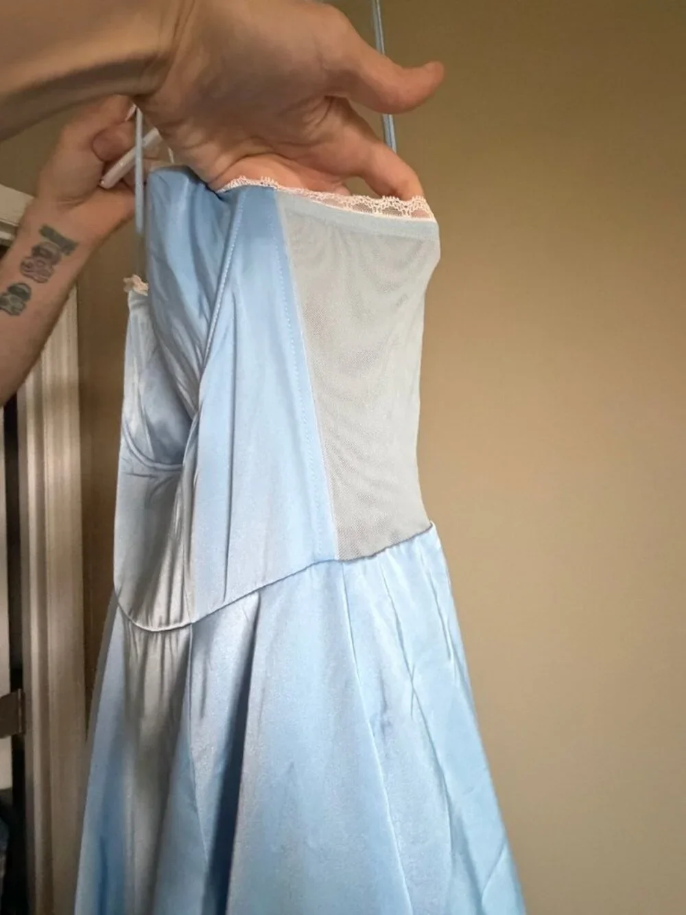 Almond Muse Selene Light Blue Fit-and-Flare Midi Dress with Spaghetti Straps - Picture 4 of 7